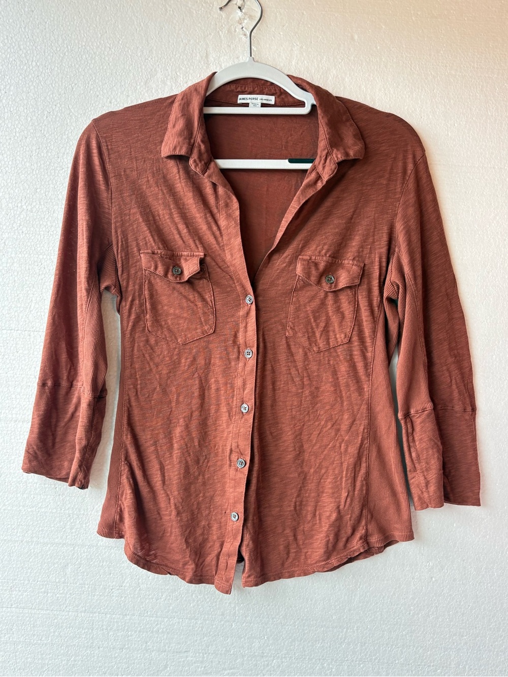 James Perse Button Front Shirt Rust Brown Casual Roll Tab Sleeve Top